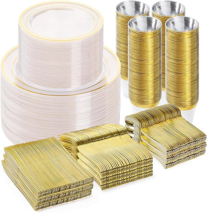 BESTVIP 600PCS Clear Gold Dinnerware Set for 100 Guests, Plastic Plates for Party, Christmas and New Year, 100 Disposable Plates, 100 Dessert Plates, 100 Cups, 100 Spoons, 100 Forks and 100 Knives