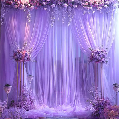Purple Tulle Backdrop Curtain for Baby Shower Girls Birthday Party Purple Sheer Backdrop Drapes for Wedding Reception Photoshoot Elephant Theme Background Decorations 2 Panels 5 ft X 8 ft