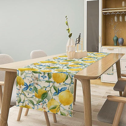 Lemon Table Runner,Watercolor Fruit Green Leaves Spring Summer Table Cloth Kitchen Dining Table Home Party Decoration 13x90 Inch