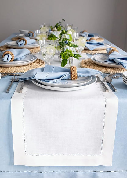 Solino Home Linen White Table Runner 132 Inches Long - 100% Pure Linen Extra Long Table Runner 14 x 132 Inch for Fall, Autumn, Halloween, Thanksgiving, Holiday - Classic Hemstitch