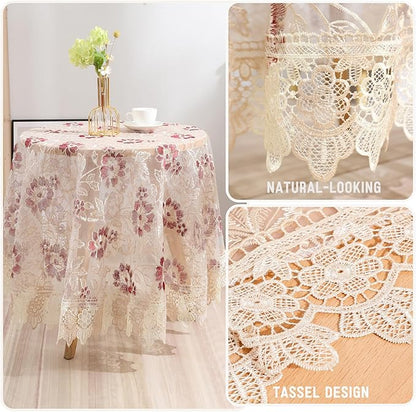 Lace Floral Tablecloth Round Lace Vintage Decorative Exquisite Border Table Cover for Party Wedding Home Decorations, Round-48, Red