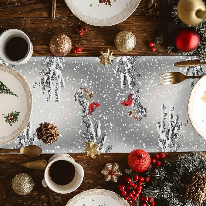 Christmas Snowman Cotton Linen Table Runner for Dining Kitchen, Snowflakes Xmas Pine Tree Wedding Outdoor Party Tablerunner Decoration Winter Bird Dresser Scarf Coffee Tablecloth Runners 13x108 Inches