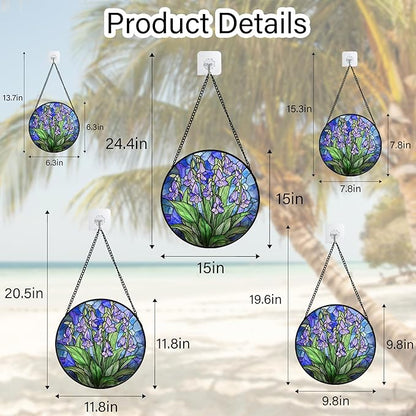 Stained Glass Suncatcher, Blue Purple Flowers Green Leaves Sun Catcher Plants Stain Glass Window Hanging Decoration Mother's Day Birthday Gifts for Women Men Mom and Nana 7.8 in