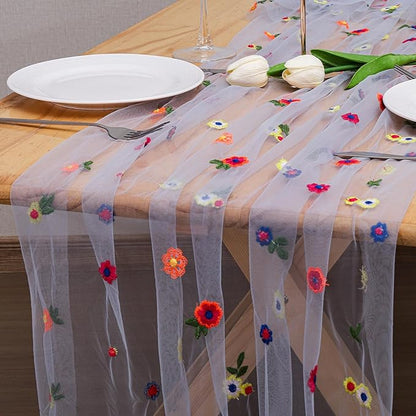 BINBE 1pcs Daisy Fall Table Runner Embroidery Gauze 10FT Florals Seasonal Tulle Holiday Birthday Kitchen Dining Table Decor for Home Party Blue