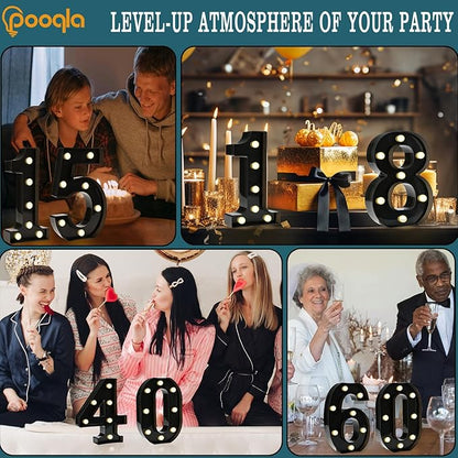 Pooqla Decorative Led Light Up Number Letters, Black Plastic Marquee Number Lights Sign for 80th Birthday Party Wedding Decor Battery Operated Black Decoration 80