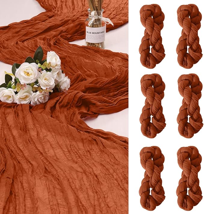6 Pack Cheesecloth Table Runner 10Ft Christmas Gauze Boho Table Runners for Wedding Decor Bridal Shower Decorations Baby Shower Party(35" x 120")