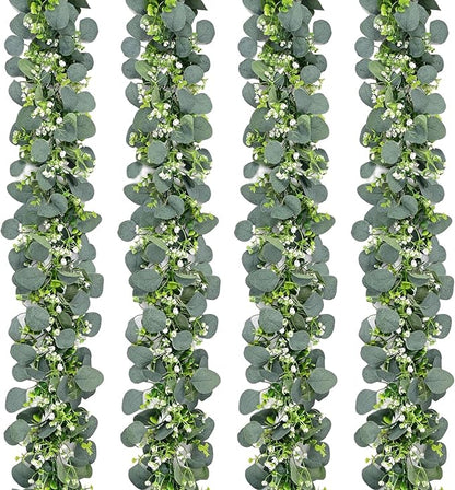 N&T NIETING 4 Pack Artificial Eucalyptus Leaf Garland, Faux Greenery Garland Decor 6 FT Summer Garlands, Fake Hanging Vines Garlands for Decoration Table Mantle