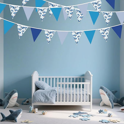 32Ft Shark Party Decorations Blue Cute Shark Triangle Flag Pennant Banner Fabric Garland Streamer for Kids Boys Ocean Birthday Sea Animal Nautical Baby Shower Under The Sea Party Decor Supplies