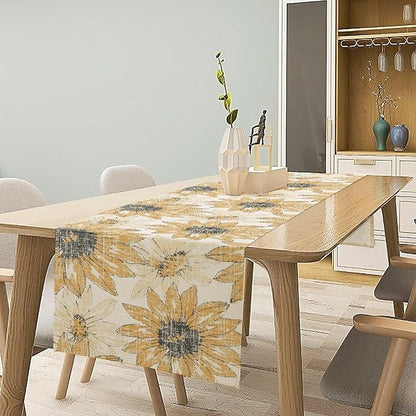 Chrysanthemum Vintage Floral Table Runner, Elegant Grunge Orange Sunflower Spring Summer Elegant Pattern Artichokes Flower Table Runner for Party Kitchen Dining Living Room Decor, 13x36 Inch