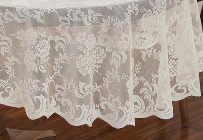 LinenZone Extra Large Ivory Round Tablecloth for Rustic Vintage Decor. Sheer Lace Table Cloth Works Great As Wedding Tablecloth or Thanksgiving Table Cover. (Mia 120 Round, Ivory)