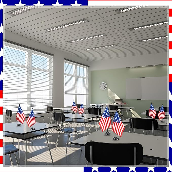 24 Pcs American Desk Flag Set Small USA Flags for Table with 13" Black Pole, Black Base and Spear Top, American Flag for Home Office Party Festival Celebrations Decor