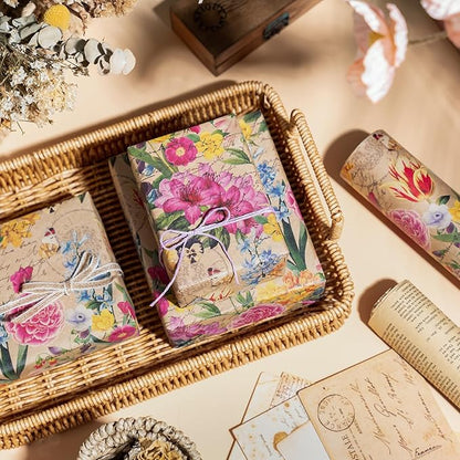 WRAPAHOLIC Kraft Floral Wrapping Paper Roll - Mini Roll - 17 Inch x 33 Feet - All Occasion Vintage Flower for Wedding Bridal Shower Birthday