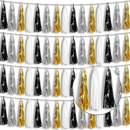 4P Black Gold Silver Foil Fringe Tassel Banner Garland Metallic Tinsel Streamers Wall Hanging Curtain Backdrop Banner for Parade Floats, 2024 Graduation Decorations, New Years Decorations, Father' Day