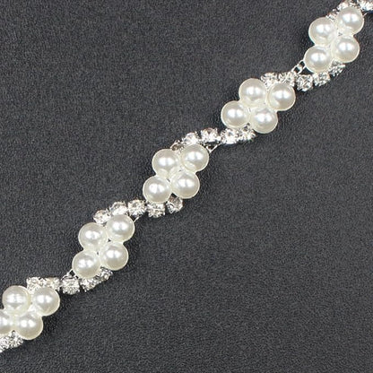 PEARLY JUN 1 Yard Pearl Rhinestone Trim Chain Silver Crystal Fringe Diamond Applique Ribbon String Tassel Strip for Sewing Wedding Dress Crafting Crafts Flower Embellishments