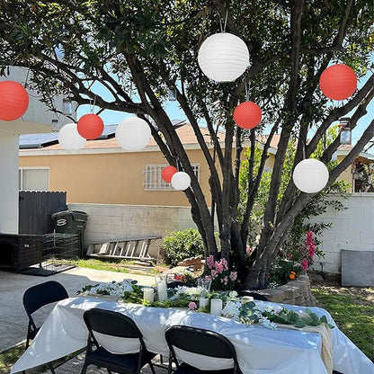 12Pcs Round Paper Lanterns Assorted Sizes (6" 8" 10" 12") for Home Decor, Restaurant, Church, Wedding, Birthday Party Decorations, Hanging Chinese Japanese Paper Lantern Lamps (White and Red)