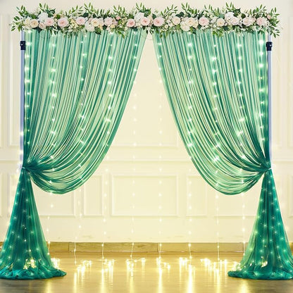 Hunter Green Tulle Backdrop Curtains with Lights String for Parites 10x10ft Sheer Backdrop Curtains Drapes for Birthday Party Bridal Shower Baby Shower Photo Booth Background Decorations