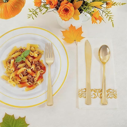 WDF 160 Piece Gold Plastic Silverware - Heavy Duty Gold Silverware Includes 80 Forks, 40 Spoons, 40 Knives, Plastic Utensils Perfect for Wedding, Thanksgiving Party