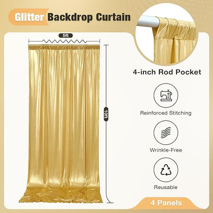 20x10FT Gold Sequin Backdrop - 4 Panels 5x10FT Wrinkle-Free Glitter Drapes for Weddings, Parties & Events
