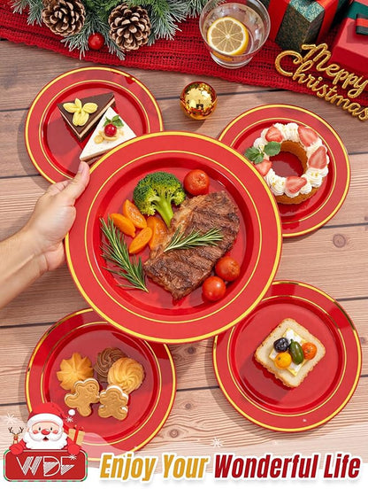 350Pieces Christmas Plates with Gold Plastic Silverware - Red Plastic Plates with Gold Rim Include 50Dinner Plate 10”, 50Dessert Plate 7”, 50 gold Cups 9 OZ, 50 Pre Rolled Napkins for Christmas/Party