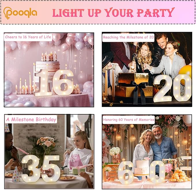 Pooqla Decorative LED Light Up Number Letters, White Plastic Marquee Number Lights Sign for Wedding Decor, Battery Operated (27)