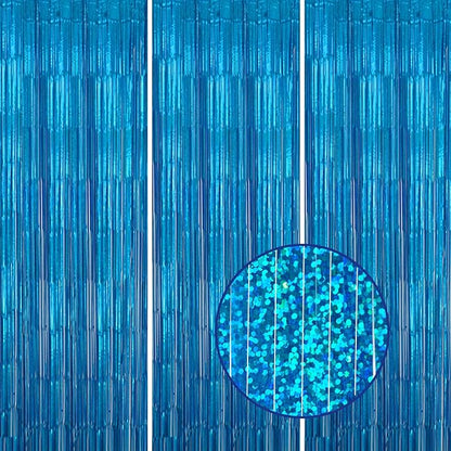 3 Pack Foil Fringe Backdrop - Laser Blue Shiny Tinsel Curtains for Party Decoration/Photo Booth Props - 3.3x8.2 FT Metallic Foil Backdrop for Birthday, Wedding, Graduation, Christmas.