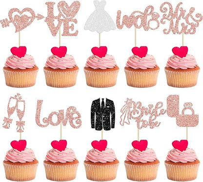 Ephlyn 30Pcs Bride to be Cupcake Toppers Glitter Wedding Cake Topper Decorations I Do Love Heart Ring Cupcake Picks for Bridal Shower Wedding Engagement Party Supplies Rose Gold