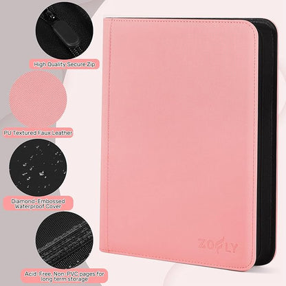 Card Binder 16 Pocket, Zipper Trading Card Binder Holds 1024 Cards, Double-sided Side Loading Card Storage Album, Ringless Card Protector, Card Collection Binder for TCG, MTG, Game Sport Card, Pink