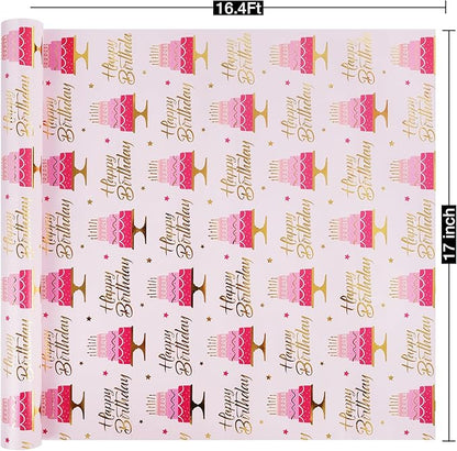 Aimyoo Pink Birthday Wrapping Paper Roll - 17 Inch X 16.4 Feet - Gold Foil Celebration Cake, Happy Birthday Lettering Design Gift Wrap for Kids, Baby Showers