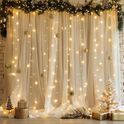 Fomcet Tulle Backdrop Curtains Champagne 30FT X 10FT Tulle Curtain with Lights String Sheer Backdrop Curtains for Parties Wedding Baby Shower Photo Shoot Decorations (6 Panels 5 x 10FT)