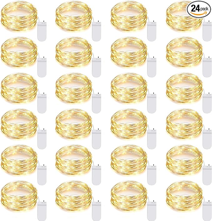 24 Pack LED Fairy Lights Battery Operated 7Ft 20Led Warm White Mini String Lights Waterproof Christmas Lights for Mason Jars Bedroom DIY Party Wedding Christmas Decor
