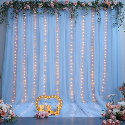 10x8ft Baby Blue Tulle Backdrop Curtains with Lights for Party Wedding Baby Shower, Sheer Drape Backdrop Curtains for Birthday Party Photo Booth Background Decoration