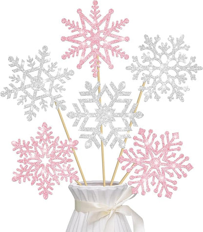 Snowflake Centerpiece Sticks Winter Frozen Theme Party Decorations 12PCS Glitter Snowflakes Table Toppers Ice Snowflake Centerpieces for Christmas Holiday Birthday Party Baby Shower Supplies