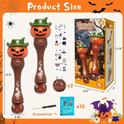 Halloween Pumpkin Bubble Wand for Kids - 2 Pack Automatic Bubble Machine Blower Toys for Toddlers 3-8 with LED Lights, Music Function, DIY Stickers,10 Refill Solutions, Halloween Party Favors Gifts
