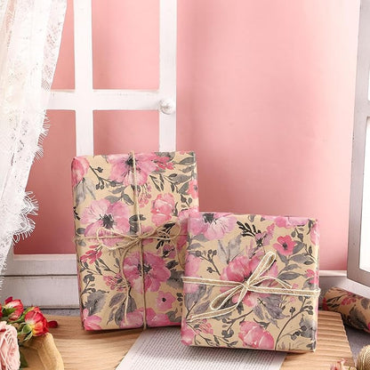 RUSPEPA Pink Wrapping Paper Roll, 17 in x 16.4 ft, Mini Roll, Floral Wrapping Paper, Kraft Gift Flower Paper for Women, Girls, Spring, Summer, Wedding and Engagement
