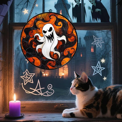 Stained Glass Window Hanging - Halloween White Ghost Suncatcher for Doors Window Garden Indoor Spooky Funny Orange Sun Catchers Gothic Decor Horror Gifts for Women Men Friend 15 in