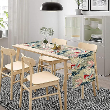 Japanese Table Runner Oriental Tradition Kio Fish Art Printed Burlap Runner Home Kitchen Dining Table Living Room Decor Fabric 1 Panel W13xL90in