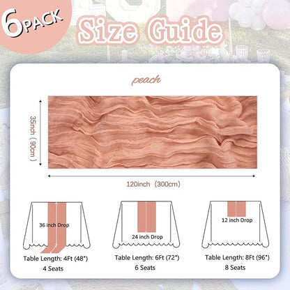 6 Pack Peach Cheesecloth Table Runner 10ft Boho Gauze Fabric Cheese Cloth Table Runner 35 x 120 Inch Rustic Sheer Runner for Romantic Wedding Decor Baby Shower Party Table Centerpiece Decoration