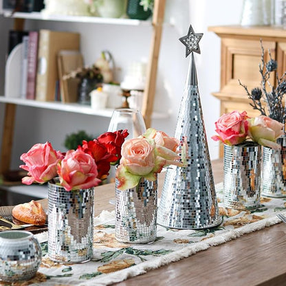 WDHODEC 6 Pcs Disco Vases Bulk Silver Mirror Disco Ball Flower Vase Glass Candle Holder for Wedding Table Centerpieces Decoration 6"