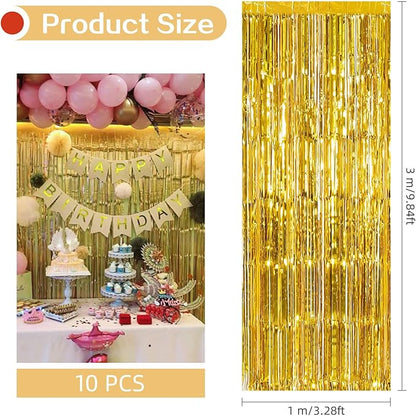 10 Pack Gold Foil Curtain Backdrop 3.2ft x 9.8ft Metallic Tinsel Foil Fringe Curtains Streamer Photo Booth Backdrop for Birthday Party Engagement Bachelorette Party Decorations (Gold)
