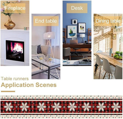 Snowflakes Christmas Table Runner,Red Buffalo Plaid Seasonal Winter Kitchen Dining Table Decoration for Home Party Decor 13x36 Inch