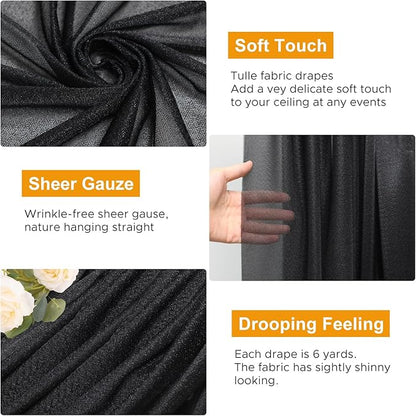 Wedding Arch Draping Fabric 4 Panels 28.7" x 20FT Black Sheer Chiffon Backdrop Drapes for Wedding Ceremony Birthday Party Bridal Shower Outdoor Decoration