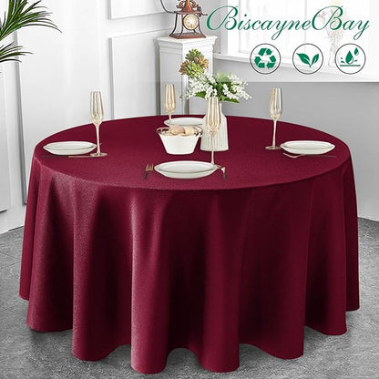 Biscaynebay Textured Fabric Christmas Round Table Cloth 132", Burgundy Water Resistant Washable Tablecloths for Outdoor & Indoor, Dining, Kitchen, Wedding & Parties