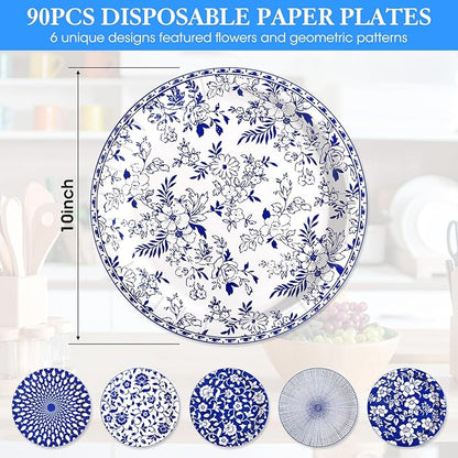 90 Pcs Paper Plates 10 Inch Bulk Thick Heavy Duty Disposable Plates Printed Blue and White Plate for Party, Wedding, Birthday, Tea, Picnic Barbecue, Everyday Use, Soak Proof, Cut Proof