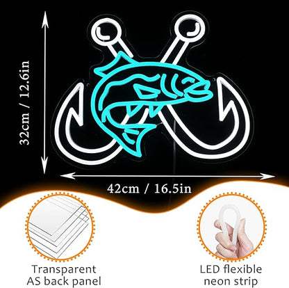 LISIGNVE Crossed Fish Hooks Neon Sign Fishing Led Neon Light for Wall Decor Fish On Light up Sign for Fishing Gear Store Yacht Gift for Father Boy(16.5 * 12.6 In)