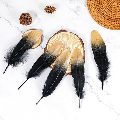 Larryhot Dipped Gold & Black Goose Feathers for Crafts - 6-8 inch 60 pcs Natural Feathers for Wedding Party Decorations,DIY Crafts and Clothing Accessories (Gold & Black)