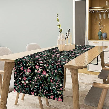 Paisley Table Runner, Abstract Vintage Boho Pink Paisley Flowers Green Teal Leaves Print Table Runner for Dinning Holiday Party Indoor Outdoor Decor, 13x36inch