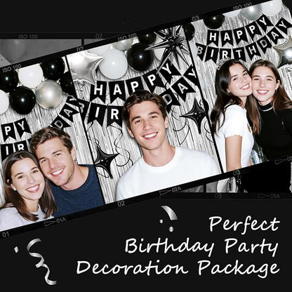 38th Birthday Decorations for Men Women, Black Silver Happy Birthday Party Decorations， 38 Year Old Party Supplies with Number 38 Balloons, Banner, Fringe Curtains Kit