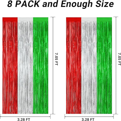 8 Pack Christmas Photo Backdrop, 3.28 FT x 7.05 FT Red Silver Green Party Streamer, Metallic Foil Fringe Curtains Tinsel Backdrop, Christmas Photo Booth Props Door Decor Party Supplies