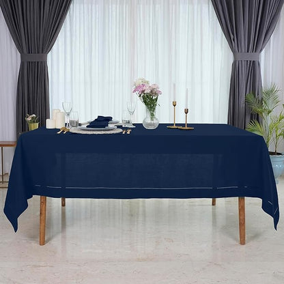 D'Moksha Homes Navy Blue Linen Tablecloth 60 x 108 Inch - 100% Pure Linen Navy Table Cloth for Rectangle Tables - Classic Hemstitch, Machine Washable Tablecloth for Fall, Autumn and Halloween
