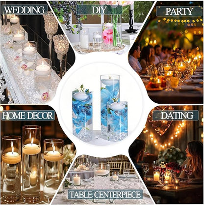 4 PCS Glass Vases for Centerpieces with 5 White Floating Candles 100 Fake Ice Acrylic Rocks Vases Fillers for Party Table Wedding Home Centerpieces Decoration